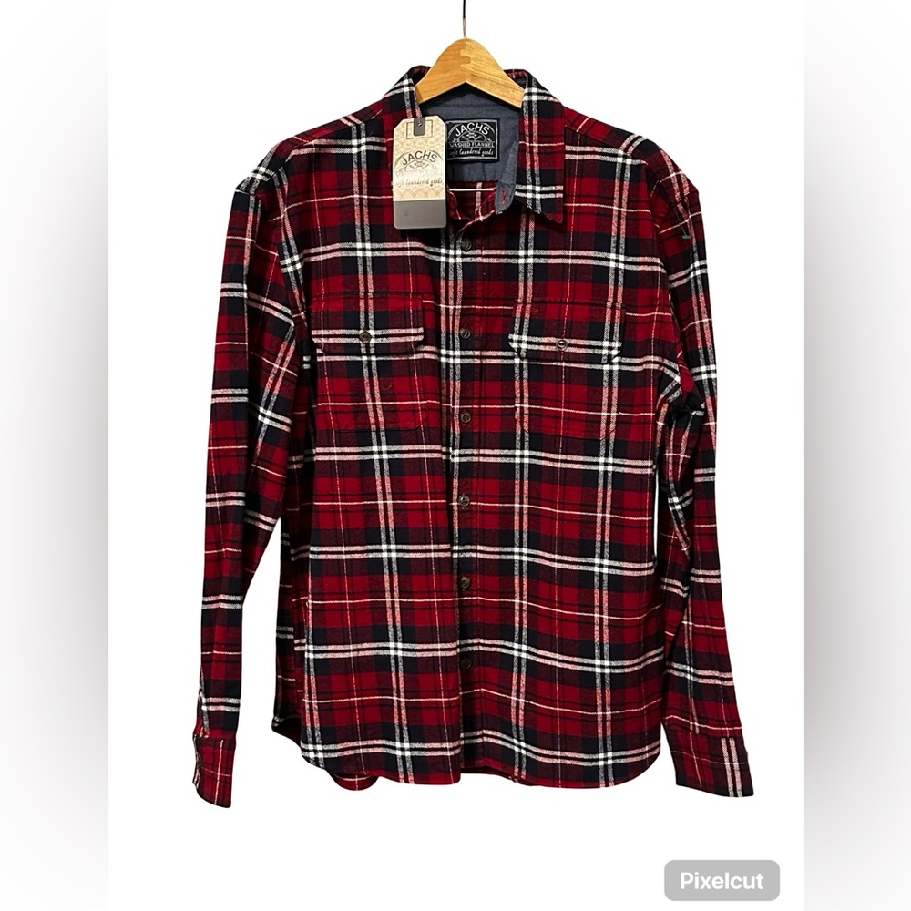 JACHS Washed Flannel Casual Button Down Shirt Long Sleeve RED Men Size XL.